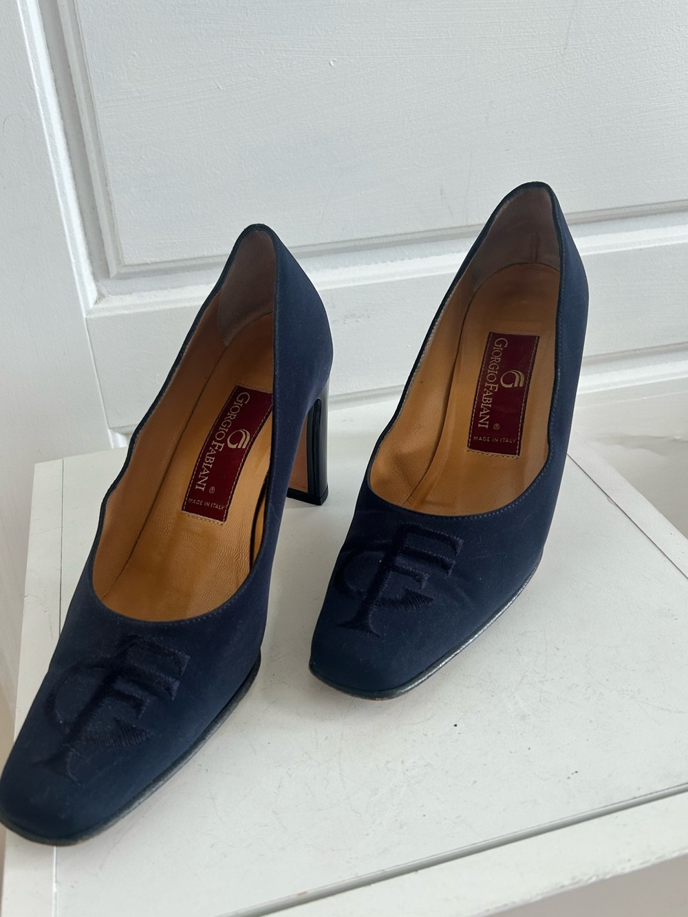 Giorgio Fabiani Navy Logo Block Heel Pumps Made in Italy EU 38